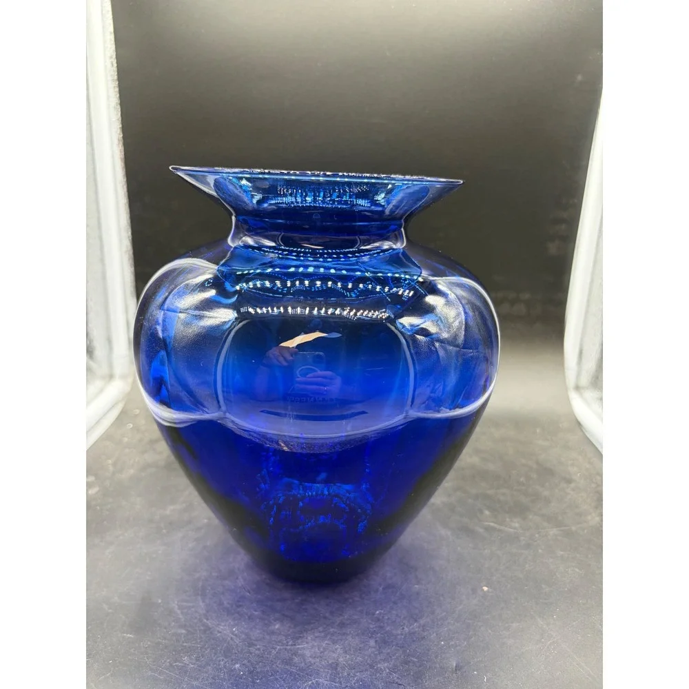 Vintage Cobalt Blue Hand Blown Art Glass Vase Flared Rim Polished Pontil 8.25in